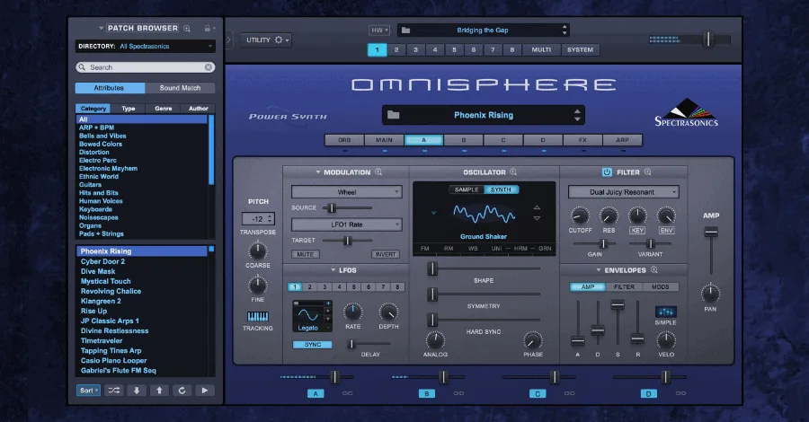 Omnisphere synthesizer interface showing its expansive library and synthesis controls