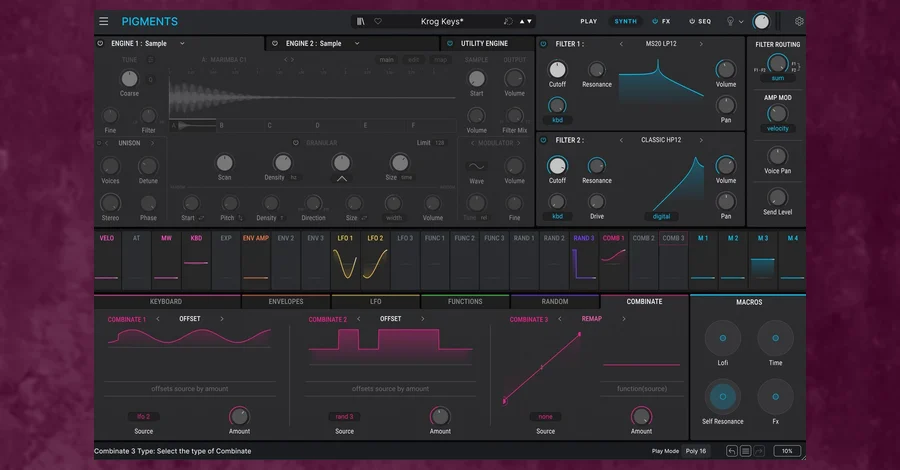 Arturia Pigments 7 synthesizer showing its four engines, dual filters and modulation matrix