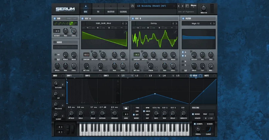 Serum wavetable synthesizer showing oscillators, filter, and LFO visualizations