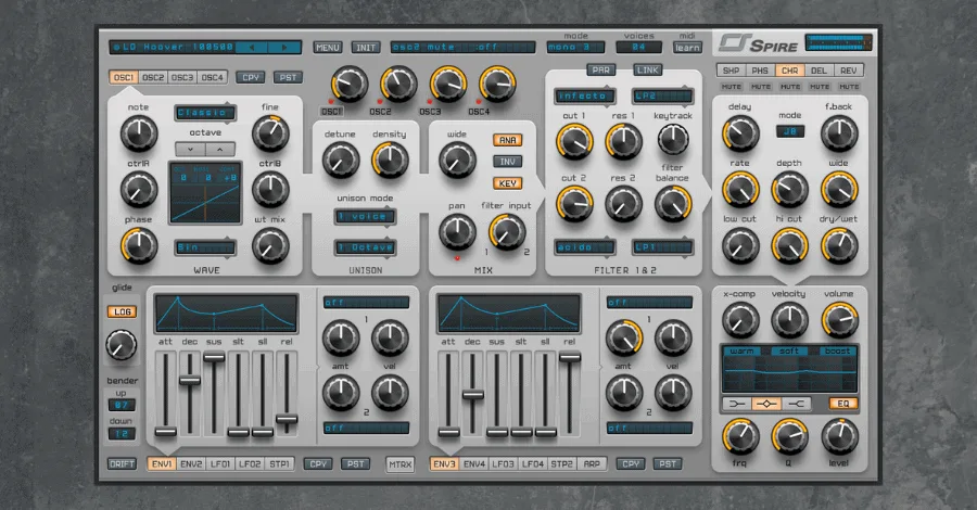 Spire synthesizer interface showing four oscillators and dual filter section
