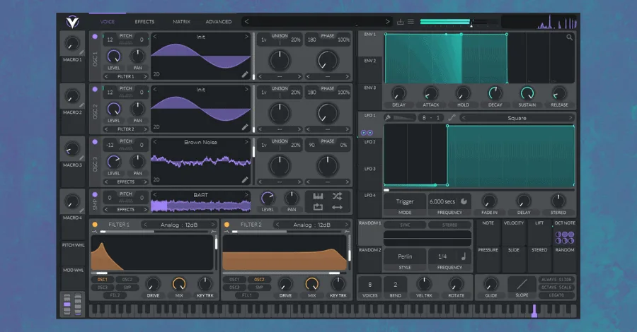 Vital wavetable synthesizer interface showing oscillators, filters, and modulation matrix
