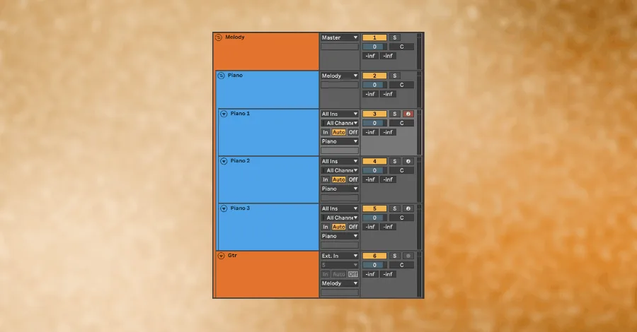Ableton Live 10 arrangement view showing nested track groups within groups for advanced routing