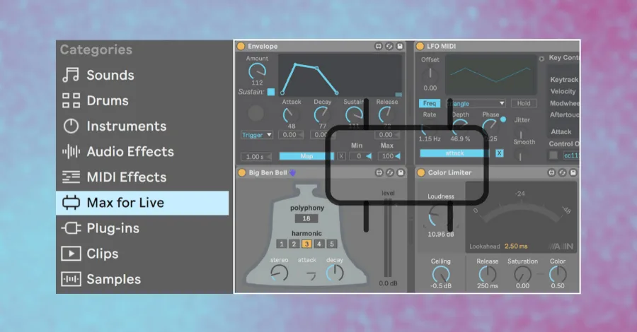 Ableton Live 10 Max for Live device browser showing available instruments and effects including LFOs and Color Limiter