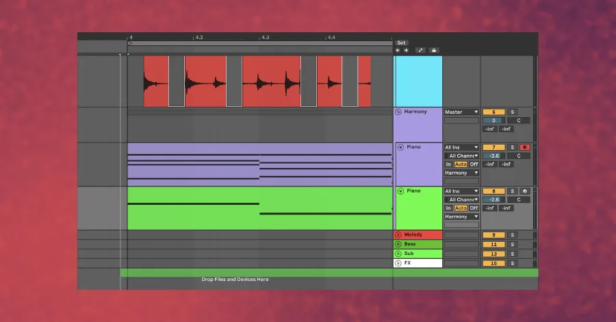 Ableton Live 10 session view showing a MIDI clip being dragged to duplicate a track without copying automation