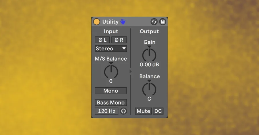 Ableton Live 10 Utility plugin interface showing Mid/Side balance, Bass Mono, and true zero gain controls