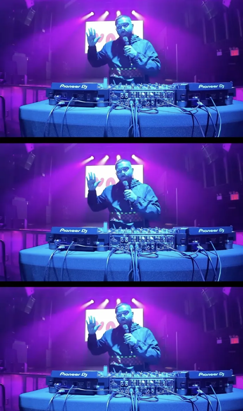 VNDL on stage with mic in hand behind Pioneer DJ decks, lit in purple and blue across a three-frame composite