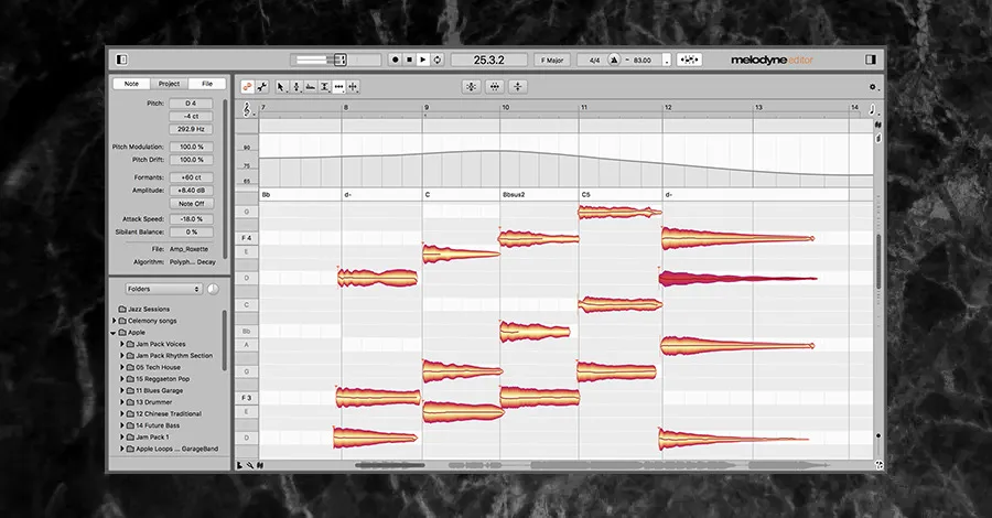 Melodyne pitch correction and volume leveling plugin interface