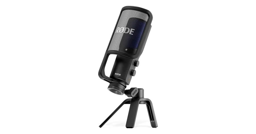 Rode NT-USB+ USB condenser microphone on its desk tripod