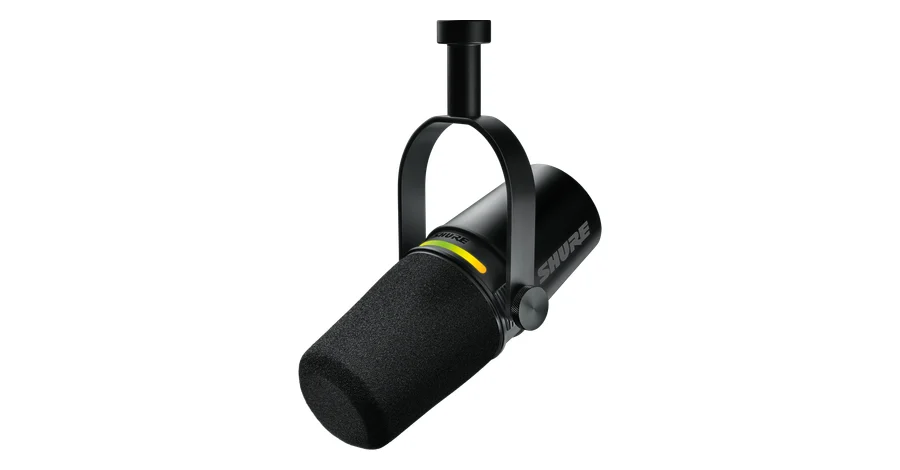 Shure MV7+ dynamic USB and XLR microphone on a yoke mount