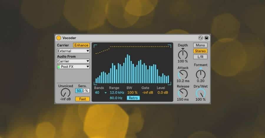 Ableton Live stock Vocoder plugin interface showing band controls and carrier settings