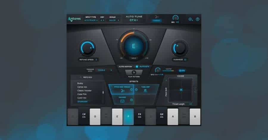 Antares Autotune EFX+ vocal processing plugin interface with pitch correction and vocoder modes