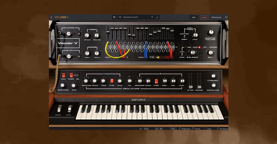 Arturia Vocoder V plugin interface showing the 16-band vocoder with its built-in carrier synth