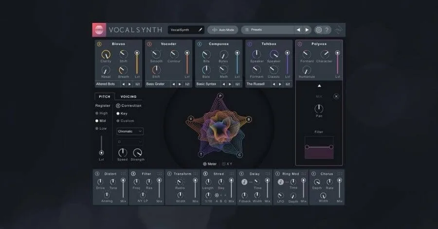 iZotope VocalSynth 2 plugin interface showing vocoder and synth voice modes