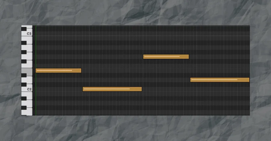 Bass line E, C, G, D shown in a MIDI piano roll following the root notes