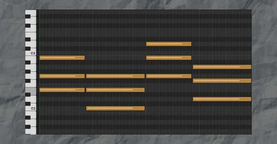 Chord progression E minor, C major, G major, D major shown in a MIDI piano roll