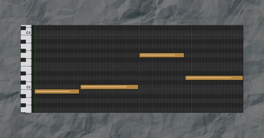 Bass line using B, C, G, D instead of root notes, showing a more varied melody in the piano roll