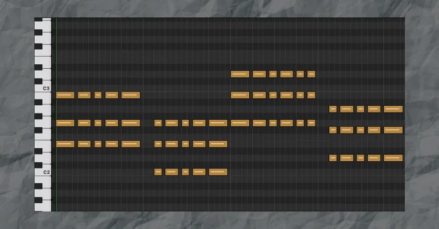 Bass rhythm starting point showing chord progression blocks in the arrangement view