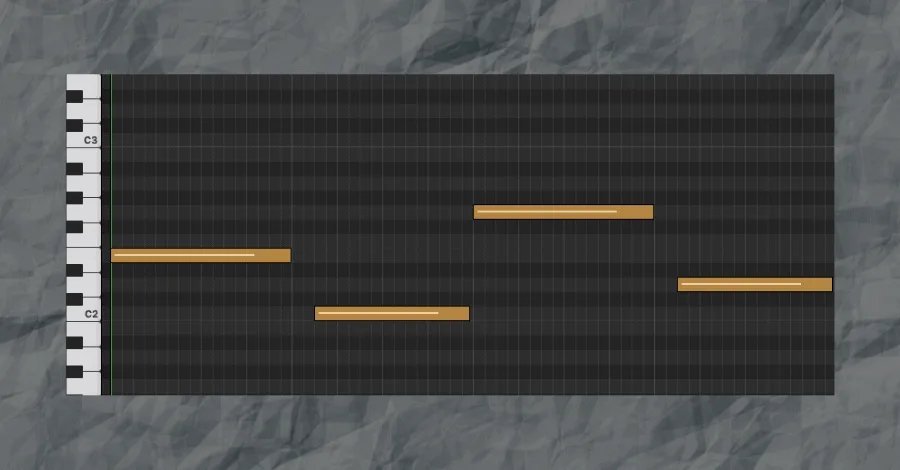 Sustained bass notes sitting underneath a rhythmic chord progression in the piano roll