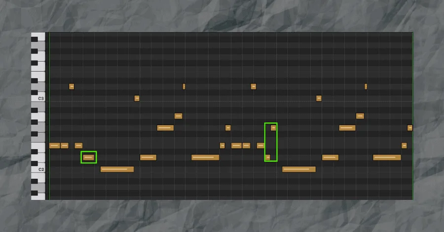 Copy-paste-change approach showing two modified notes highlighted in the second four bars of a bass line