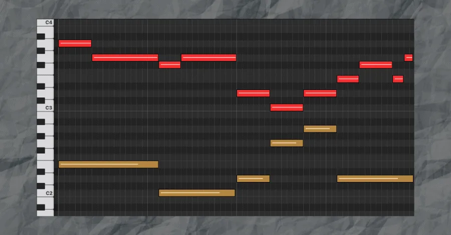 Bass line mirroring the rhythm of the lead melody in bars three and four of the progression