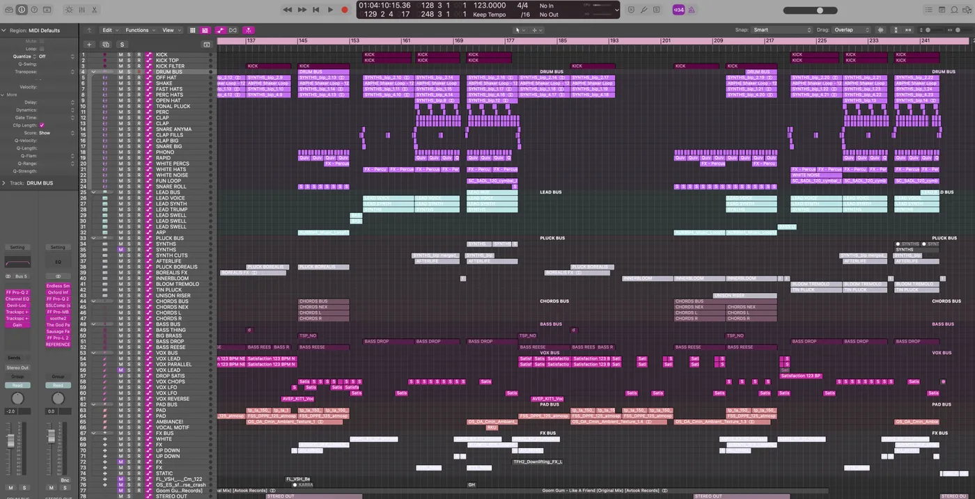 A Logic Pro session grouped into buses for drums, leads, plucks, chords, bass, vocals, pads and effects
