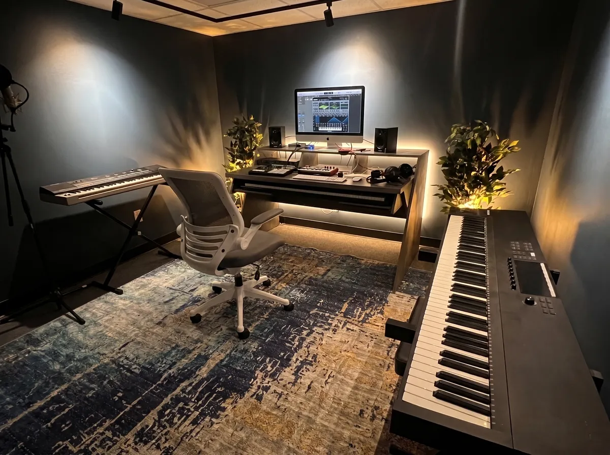 The finished Urban Street Angels studio: a desk with monitors, two keyboards, warm lighting and an area rug