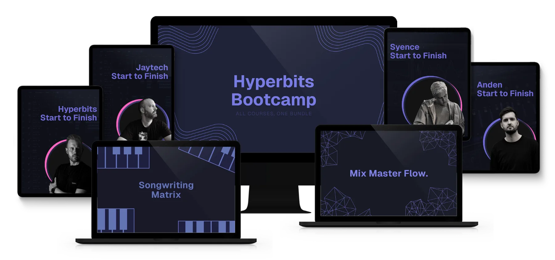 The Hyperbits Bootcamp shown across desktop, tablet, and mobile devices: six courses including Songwriting Matrix, Mix Master Flow, and four Start to Finish courses
