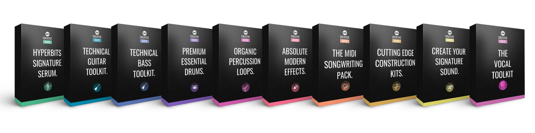 The Hyperbits Creative Suite, nine sample packs lined up like records