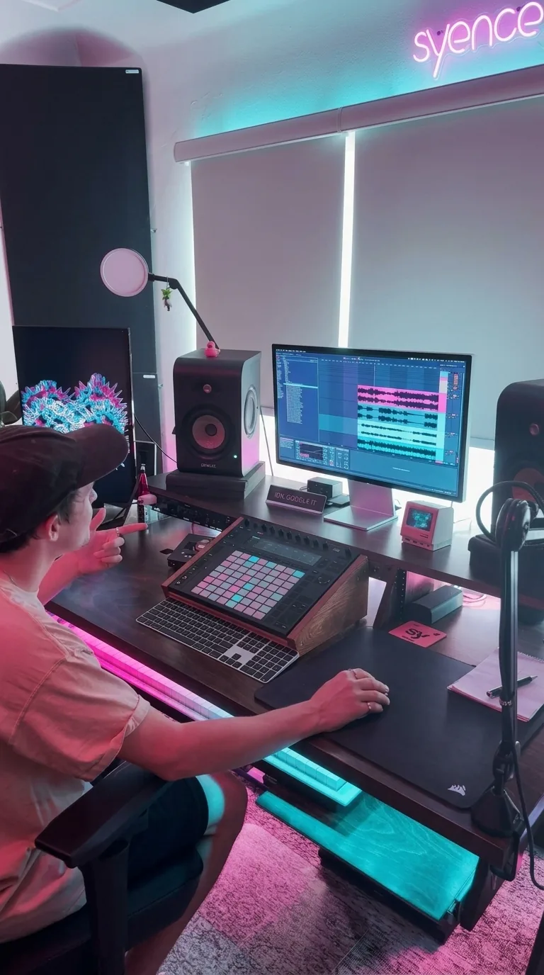 Producer working in Ableton Live with an Ableton Push controller and dual monitors at a neon-lit studio