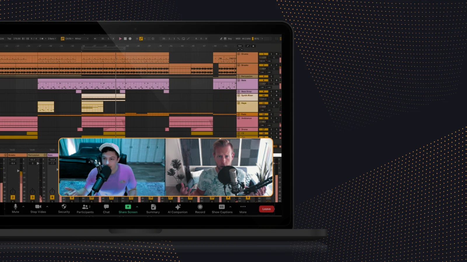 A live Vault workshop: an Ableton session on a laptop with instructors teaching over video call