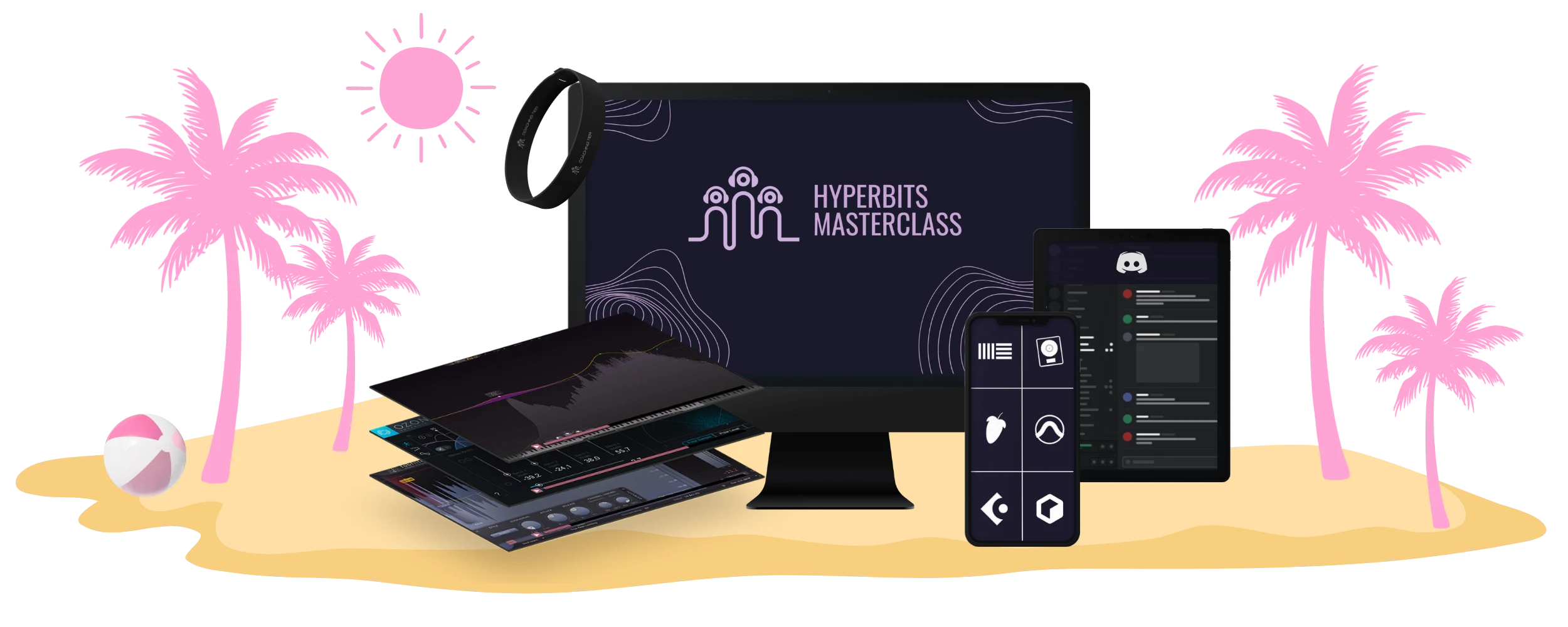 Hyperbits Masterclass on a beach with pink palm trees and a pink sun