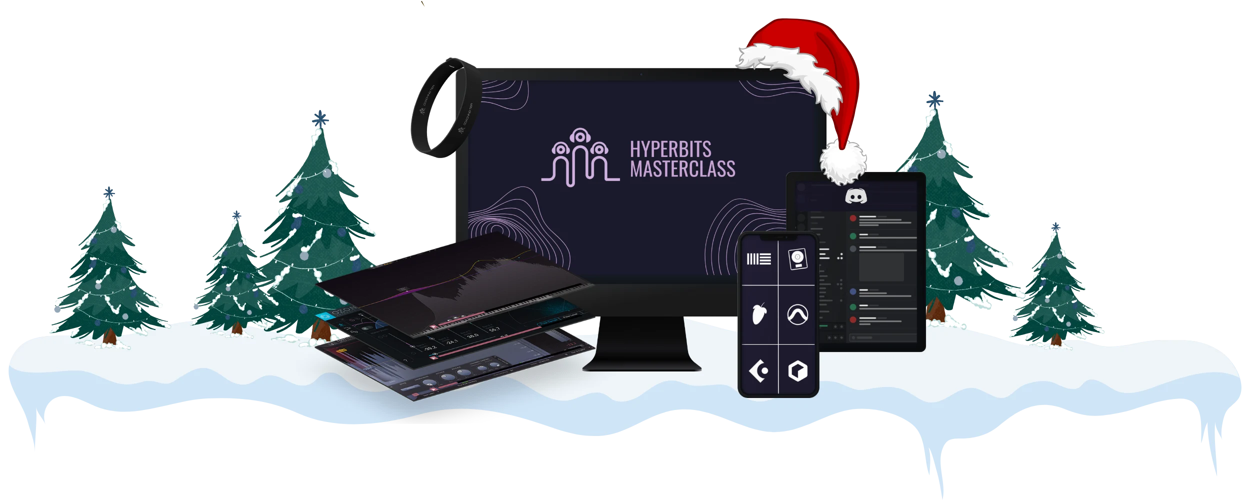 Hyperbits Masterclass with a Santa hat, between snowy Christmas trees